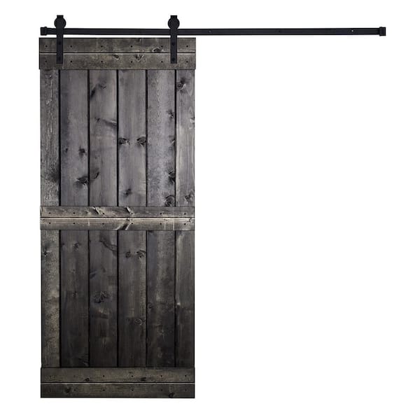 AIOPOP HOME Mid-Bar 42 in. x 84 in. Charcoal black Stained Knotty Pine Wood DIY Sliding Barn Door with Hardware Kit