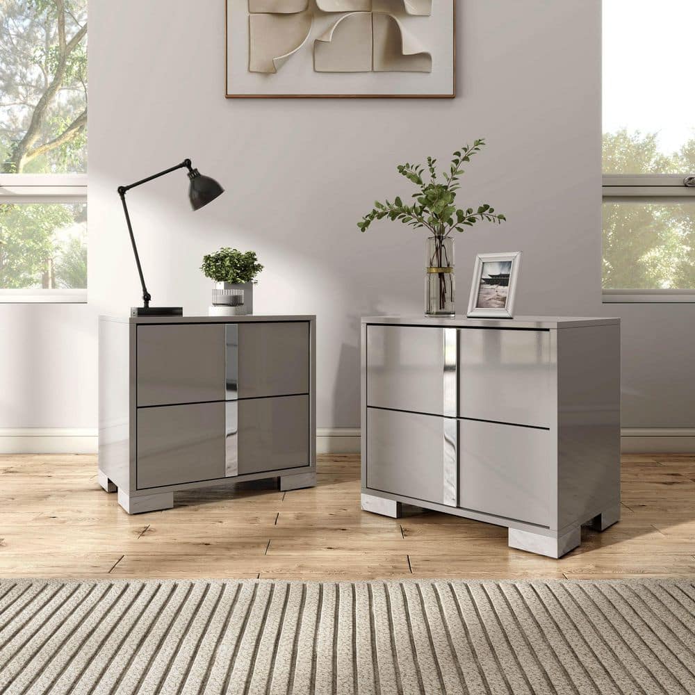 Mesala Glossy Taupe Gray 2-Drawer Nightstand with Chrome Handles (Set of 2) price history on PriceWatchPro
