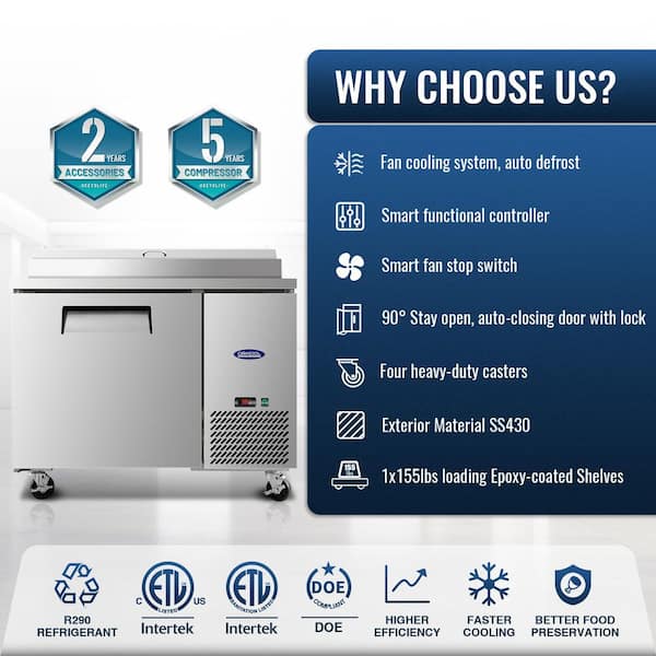 44 in. 11 cu. ft. Commercial Pizza Prep Table Refrigerator in Stainless with Butcher Cutting Board and Protection Lid