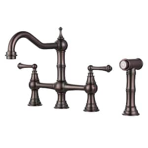 Classic Double Handle Bridge Kitchen Faucet with Side Sprayer in Antique Bronze