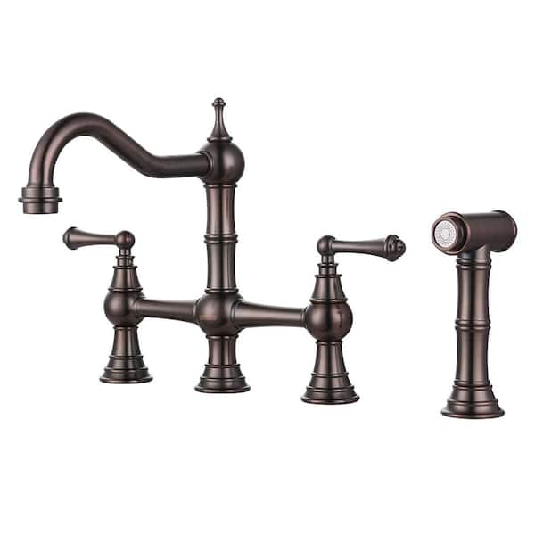WOWOW Classic Double Handle Bridge Kitchen Faucet with Side Sprayer in Antique Bronze