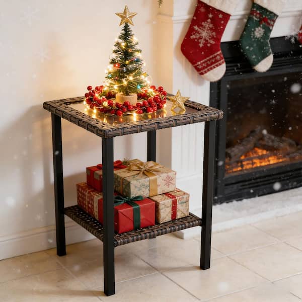 COOS BAY Outdoor Brown Square Wicker Side Table, Patio Coffee Table with Glass Tabletop