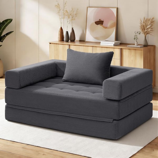 Convertible 50.39 in. Gray Corduroy Full Size Sofa Bed with Pillows and Adjustable Backrest