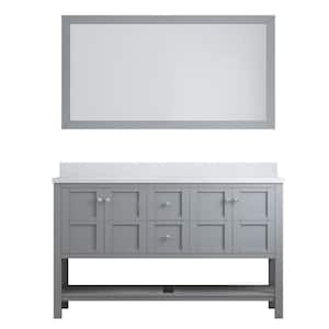 60 in. W x 22 in. D x 35.4 in. H Double Sink Solid Wood Bath Vanity in Gray with White Natural Marble Top and Mirror
