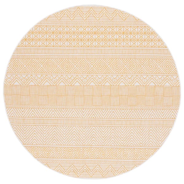 Courtyard Beige/Gold 7 ft. x 7 ft. Striped Tribal Chevron Indoor/Outdoor Round Area Rug