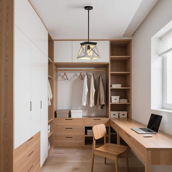 1-Light Farmhouse Wood Grain Finish Pendant Light with Iron Shade and Light, E26 Base Hanging Fixture for Kitchen