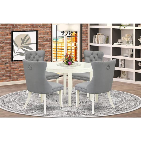 East West Furniture 5-Piece Linen White Solid Wood Top - Round Upholstered Dining Room Set - Seats 4