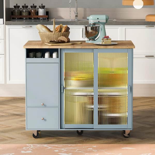 Staykiwi Grey Blue Rubberwood Kitchen Cart with Drop Leaf, 1-Flip Cabinet Door and 2- Fluted Glass Doors