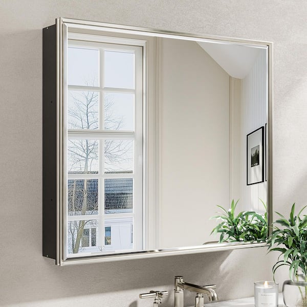 Musey 30 in W x 26 in H Brush Nickel Rectangular Aluminum Medicine Cabinet with Beveled Mirror, Recessed or Surface