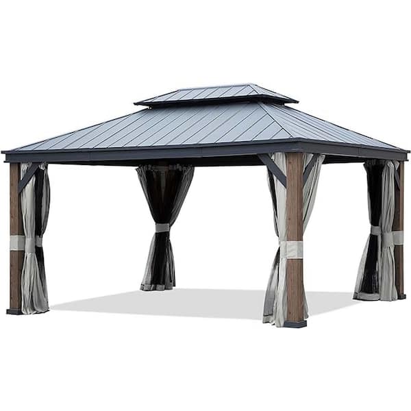 Zeus & Ruta 12 ft. x 16 ft. Dark Brown Grain Hardtop Gazebo with Double-Vented Top, Rustproof Aluminum Frame, Curtains for Backyard