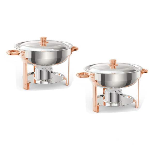 2 Pack 5.3 Qt. Stainless Steel Round Chafing Dish Buffet Set with Food & Water Pan & Gold Stand