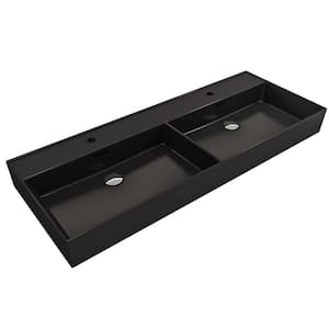 Milano Wall-Mounted Matte Black Fireclay Rectangular Double Bowl for Two 1-Hole Faucets Vessel Sink with Overflows