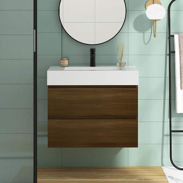 Unbranded 30 in. W x 18 in. D x 25 in. H Single Sink Wall-Mounted Bath Vanity in Dark Oak with White Cultured Marble Top