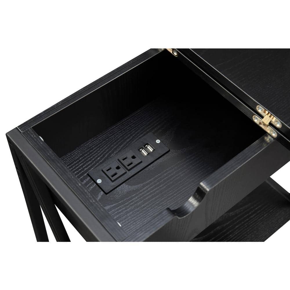 Tucson Black Wood and Metal Flip-Top End Table with Charging Station