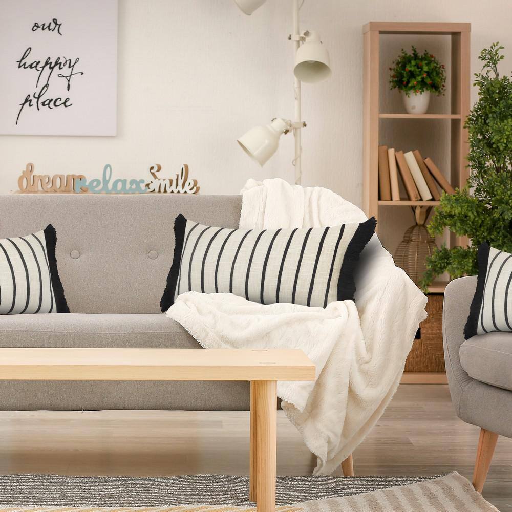 Ivory and Black Striped Cotton Fringe Throw Pillow 28" x 12"