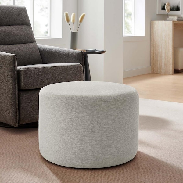 Callum Large 23 in. Round Woven Heathered Fabric Upholstered Ottoman in Heathered Weave Ivory