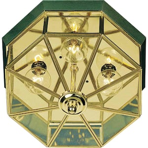 10.375 in. 3-Light Antique Brass Flush Mount with Clear Glass Panes