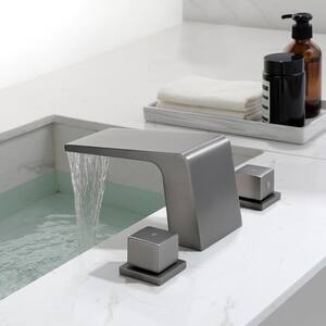 8 in. Waterfall Widespread 2-Handle Bathroom Faucet Waterfall Spout Center Wide-Spread Faucet in Matte Gray