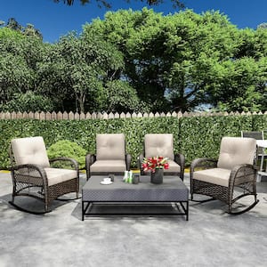 4-Pack Wicker Outdoor Rocking Chair Lounge Chair Patio with Beige Cushion