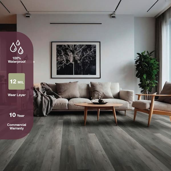 Brookstone 12 MIL x 7 in. W x 60 in. Charcoal Gray Waterproof Vinyl Flooring Click Lock Install (26.72 sq. ft./Case)