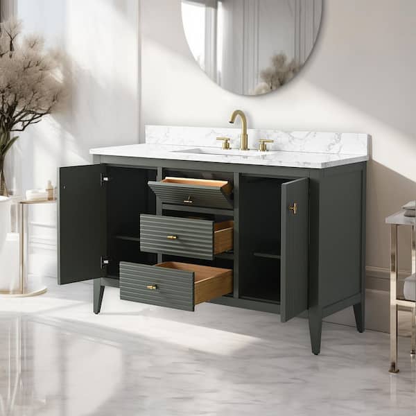 48 in. W x 22 in D x 38 in. H Single Sink Bath Vanity Cabinet in Linear Vintage Green with White Engineered Marble Top