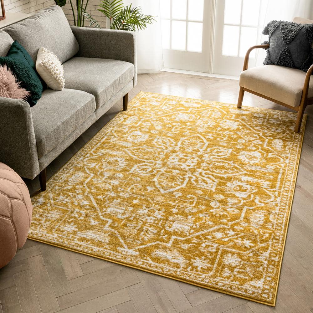 Dazzle Gold and White Floral Synthetic Area Rug, 3'11" x 5'3"