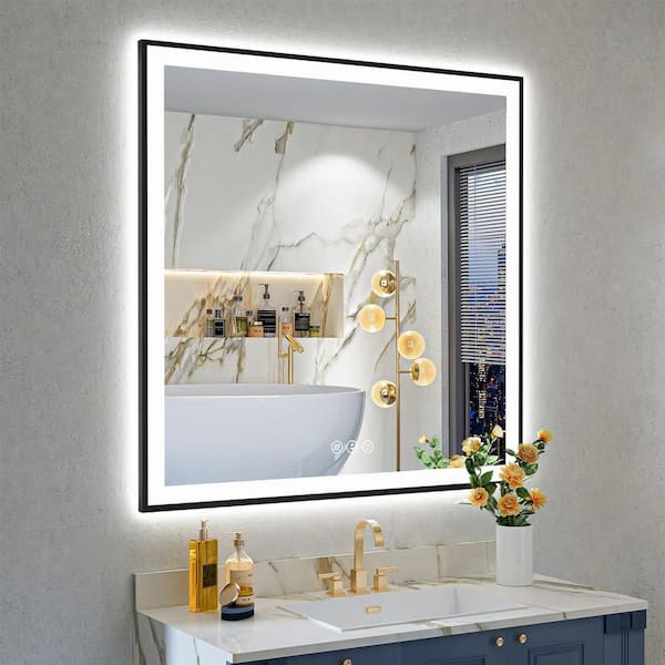 38 in. W. x 38 in. H Square Framed Front and Back LED Lighted Anti-Fog Wall Bathroom Vanity Mirror in Tempered Glass