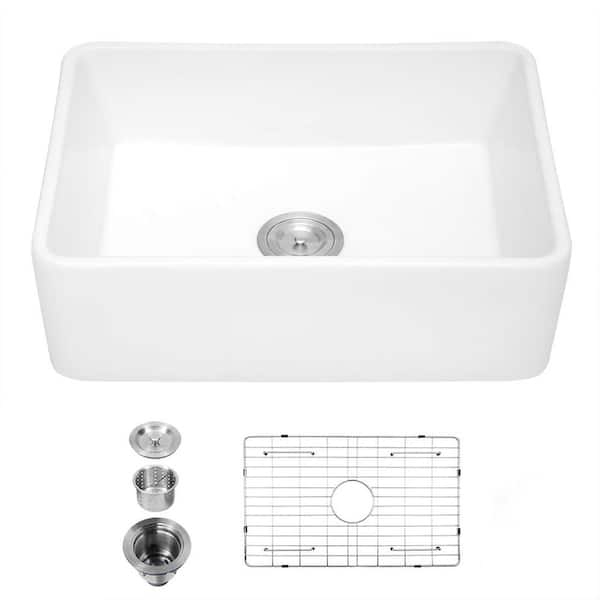 ANTFURN 30.00 in .W Farmhouse Apron-Front Ceramic Single Bowl in White Kitchen sink with Bottom Grids;Strainer