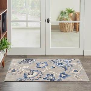 Aloha Blue Grey 3 ft. x 4 ft. Floral Medallion Contemporary Indoor/Outdoor Area Rug