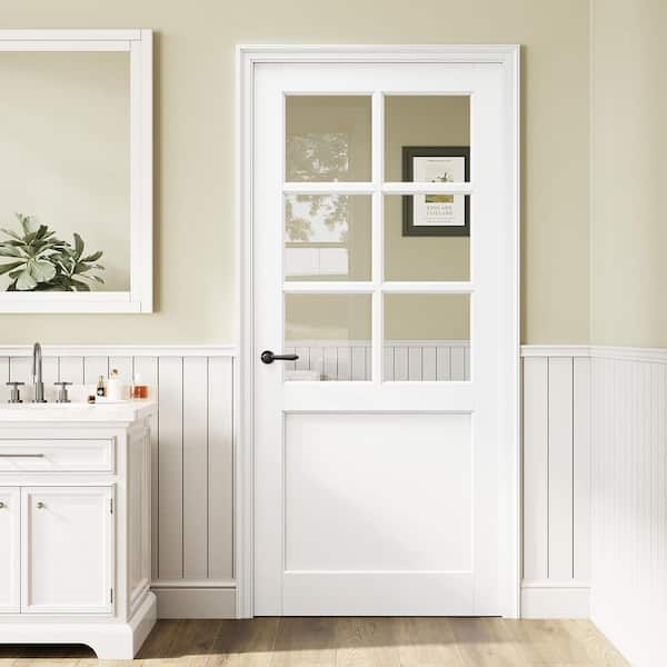 36 in. x 80 in. 6-Lite Tempered Clear Glass and Solid Core Manufacture Wood White Primed Interior Door Slab
