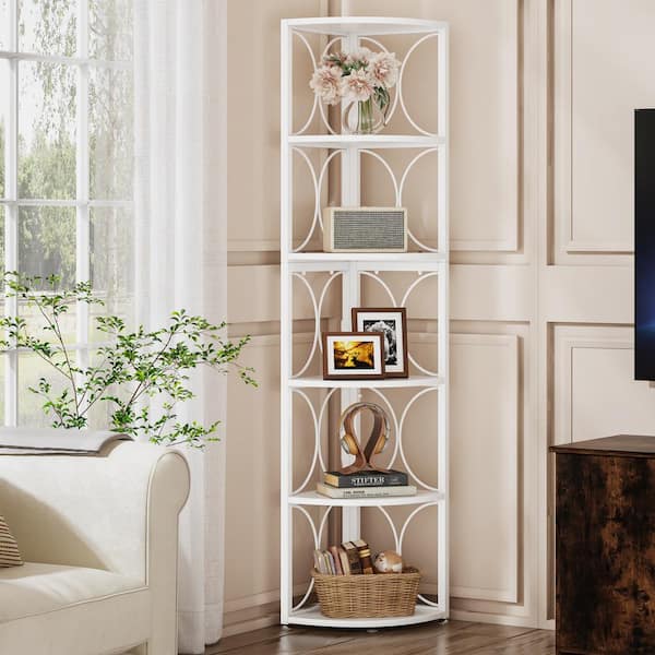 BYBLIGHT 67 in. Tall White Engineered Wood 6-Shelf Corner Bookcase for Living Room, Small Space