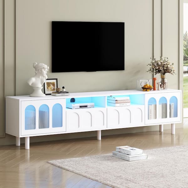 Nestfair 70.8 in. White TV Stand Fits TVs up to 80 in. with Fluted Tempered Glass Doors, 2-Drawers and LED Lights