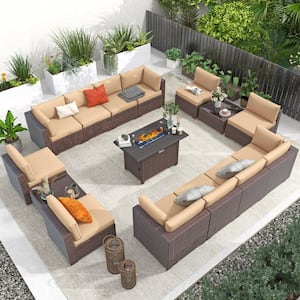 OC Orange Casual 15 Piece Outdoor Wicker Rattan Conversation set with Propane Fire Pit Table