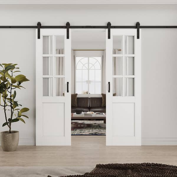 48 in. x 80 in. 6-Lite Tempered Clear Glass White Primed MDF No Assembly Required Sliding Barn Door with Hardware Kit
