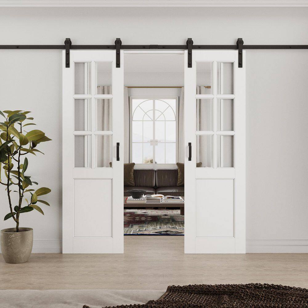48 in. x 80 in. 6 Lite Tempered Clear Glass White Primed MDF Sliding Barn Door with Hardware Kit price history on PriceWatchPro
