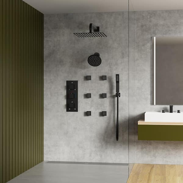 Thermostatic 8-Spray 12 and 6 in. Wall Mount Dual Shower Head and Handheld Shower Head with 6-Jets in Matte Black