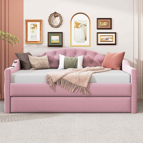 Pink Twin Size Daybed with Trundle, USB&Type-C Charging Ports
