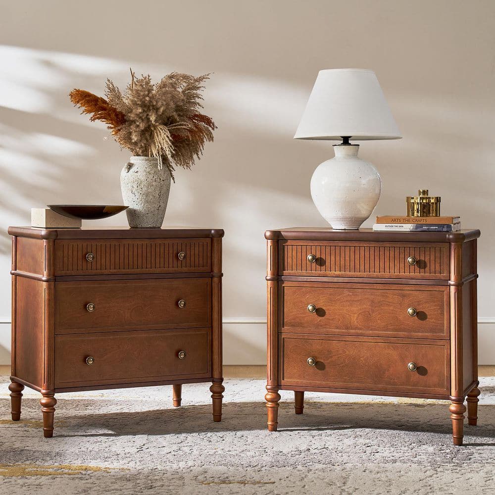 Roland Walnut 3-Drawer 28 in. W Nightstand Set of 2 with Built-In Charging Station