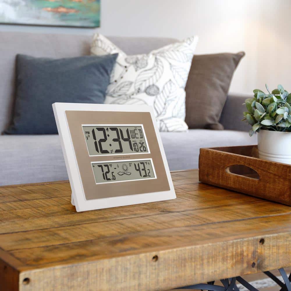 White and Champagne Atomic Digital Wall Clock with Temperature Display