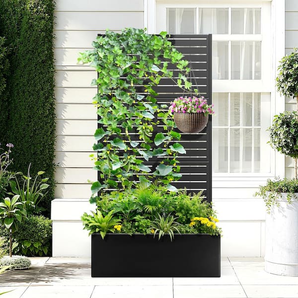 71 in. x 35 in. x 16 in. Raised Garden Bed with Trellis Metal Planter Box Trellis Outdoor Planter Box Black-Louvered