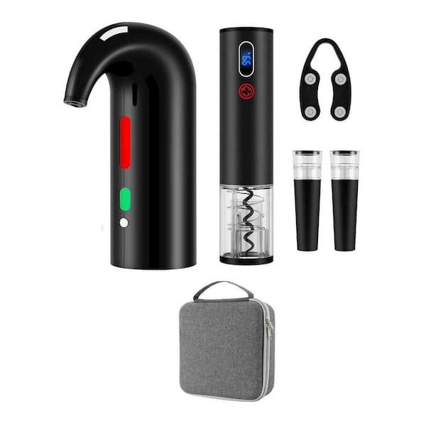 Rechargeable Black Wine Opener Set with Electric Cork Remover, Aerator, Pourer, Stopper, Foil Cutter, Bag