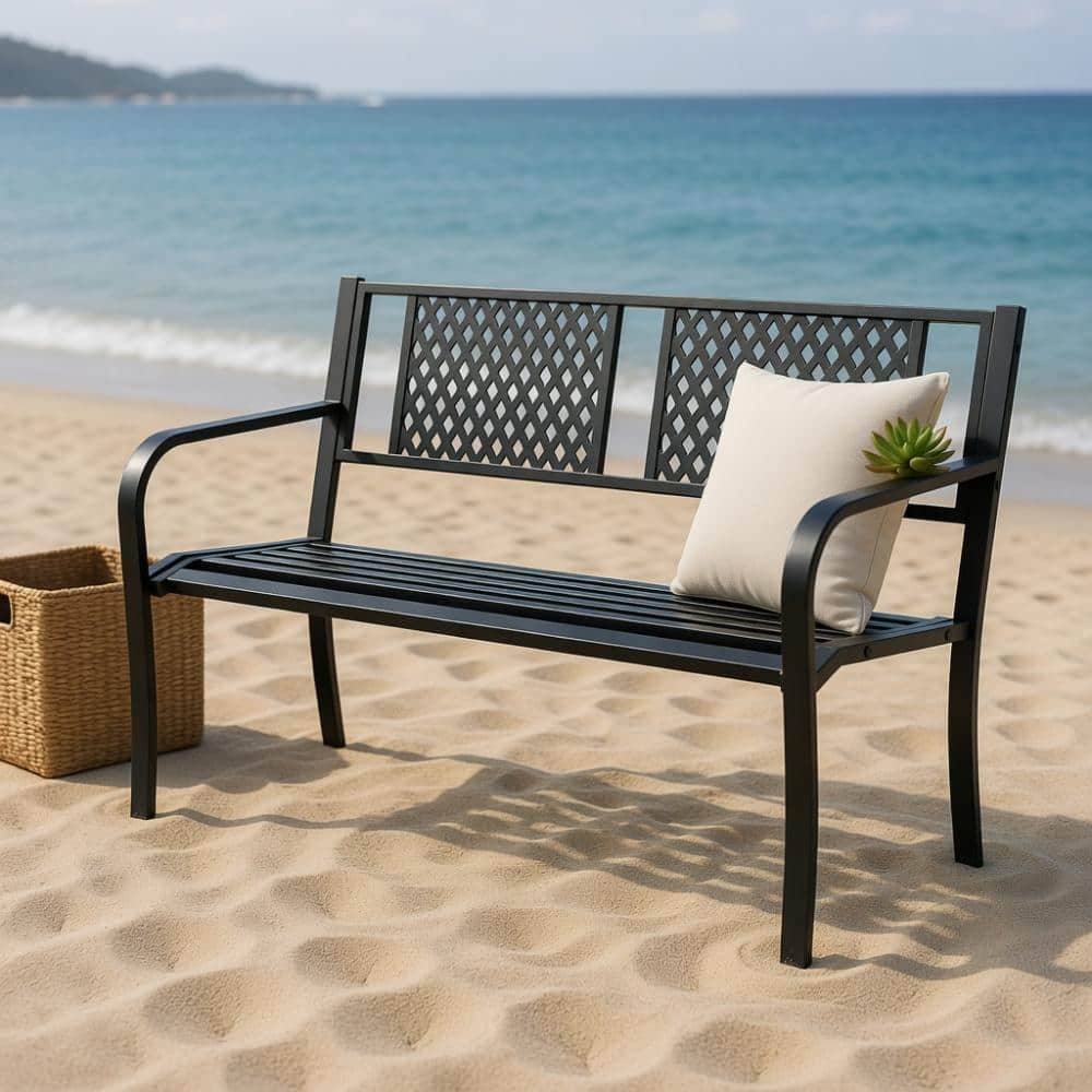 black metal outdoor loveseat bench with ergonomic backrest and curved armrests price history on PriceWatchPro