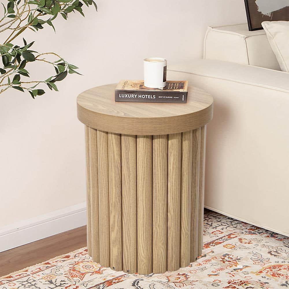 Oak Fluted Round Side Table with Drum Design
