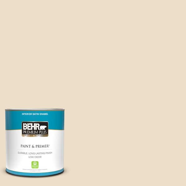 BEHR PREMIUM PLUS 1 qt. #710C-2 Raffia Cream Satin Enamel Low Odor Interior Paint & Primer