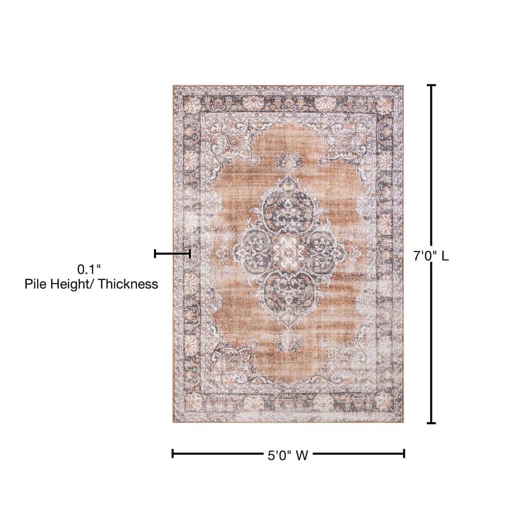 Rust and Gray Medallion 5' x 7' Washable Area Rug