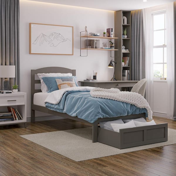 Warren 38-1/4 in. W Grey Twin Extra Long Solid Wood Frame with Foot Drawer and USB Device Charger Platform Bed