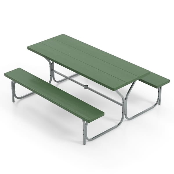 ANGELES HOME 72 in. Green Rectangle Metal Picnic Table Seats 8-People with 2-Benches