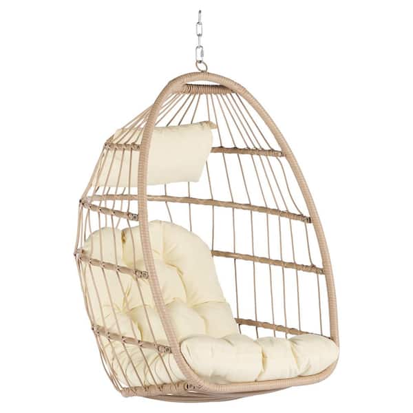 Tunearary Outdoor Wicker Rattan Swing Hanging Chair with Beige Cushion