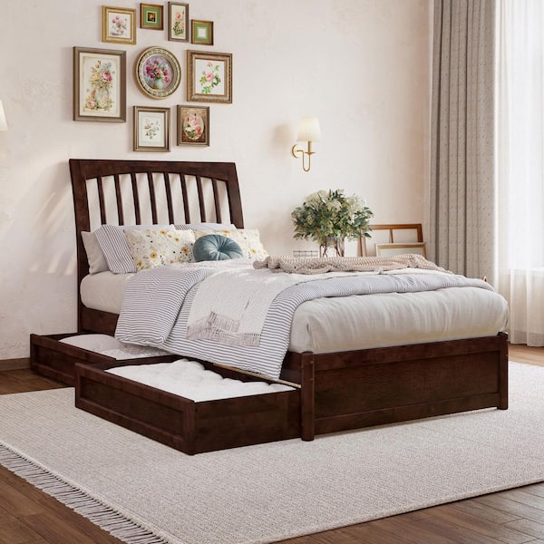 AFI Roslyn Walnut Brown Solid Wood Frame Twin XL Platform Bed with Panel Footboard and Storage Drawers