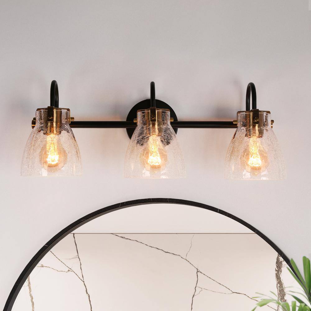 LNC Modern 22.4 in. 3-Light Matte Black Vanity Light with Crackle Textured Glass Shades Brass Wall Light for Bathroom Vanity